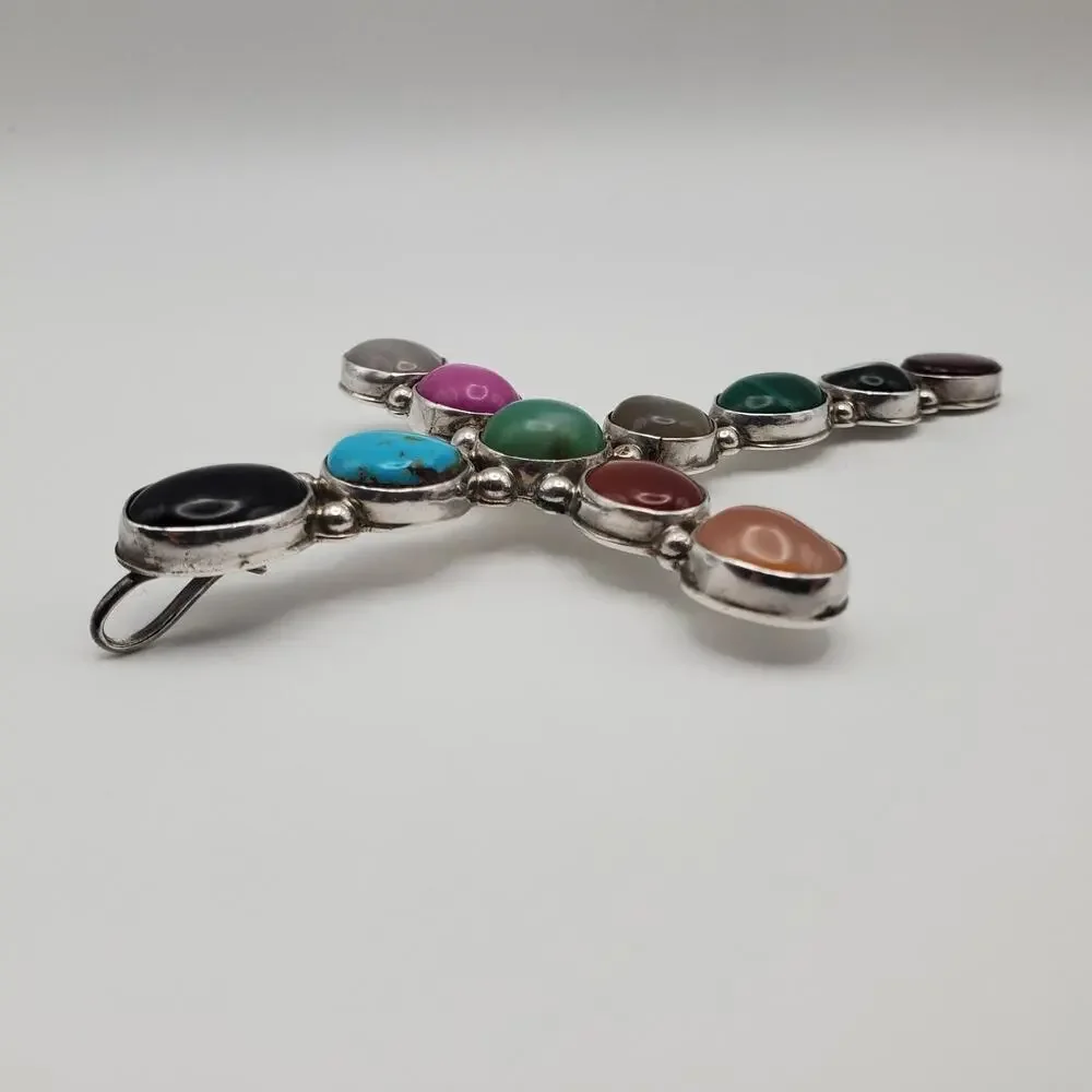 Waldeck Johnson WJ Sterling Silver Southwest Multi Gemstone Large Cross Pendant